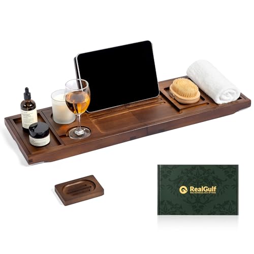 Teak Bathtub Tray Caddy, Adjustable Wood Bath Organizer | Rich Brown Wood Finish, Built-In Wine Glass Holder, Phone Dock & Book Stand, Water-Resistant Seal, Spa Design - color: Classic Brown Teak