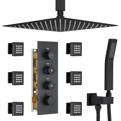 Thermostatic Shower System with 6 Body Jets & 16-Inch Ceiling Rainfall Shower Head Bathroom Luxury Matte Black Shower Faucet Set with High Pressure Handheld Sprayer, with Valve and Trim - color: Matte Black