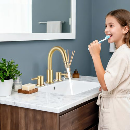 Brushed Gold Bathroom Sink Faucet 3 Hole with Pull Down Sprayer | Lead-free stainless steel, pop-up drain, 2-handle, 360°swivel, 8-inch widespread Faucet for RV/vanity sink, 3-hole mount - color: Brushed Gold, style: 8 Inch Pull Down