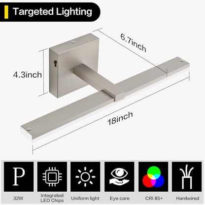 18 Inch Bathroom Vanity Light Over Mirror Brushed Nickel Arm Extra Wide LED Bar 6000K Daylight ETL IP44 CRI85+ - color: Brushed Nickel, size: 18-inch