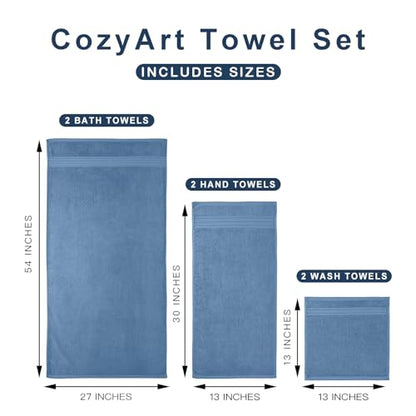 COZYART Denim Blue Bath Towel Set, Turkish Cotton Hotel Large Towel Bulk for Bathroom, Thick Bathroom Sets of 6 with 2 Bath Towels, 2 Hand Towels, 2 Washcloths, 650 GSM | OEKO-Tex 100 Certified Zero Twist Ring Spun, Soft Absorbent Quick Dry, Plush Fluffy,