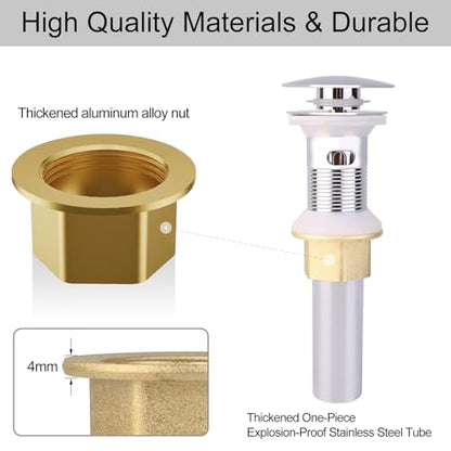 Bathroom Sink Drain with Overflow, Upgrade Big Cap Pop up Sink Drain Stopper with Basket Hair Catcher, Anti-Clog, Sink Drain Strainer Made of Brass and Stainless Steel, Chrome