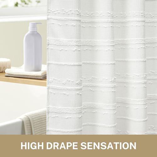 Extra Long Farmhouse White Shower Curtain Boho, 72 x 78 Cotton Blend Tufted Weave Waffle Stripe Textured Heavy Duty, Fabric Shower Curtain for Bathroom, Hotel - color: White B, size: 72"W x 78"L (Pack of 1)