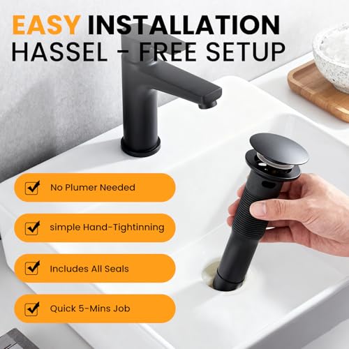 Bathroom Sink Drain with Overflow, Pop Up Drain for Bathroom Sink with Removable Hair Catcher, Matte Black 304 Stainless Steel Bathroom Sink Stopper, Fits 1-1/2" to 1-3/4" Drain Openings - color: Matte Black, style: Big Popup Cap