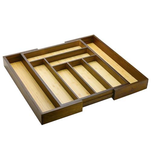Bamboo drawer organizer, utensil holder, silverware organizer, and adjustable cutlery tray with drawer dividers, for kitchen, office desk, and bathroom storage (Vintage Brown) - color: Vintage Brown