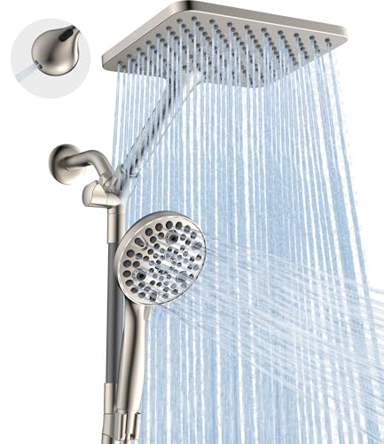 Dual Handheld Shower Head Combo, 2-in-1 Rain Shower Heads System Wide Rainfall Shower Head and 10 Modes High Pressure Hand Held Showerhead with Built-in Power Wash - Brushed Nickel - color: Brushed Nickel, size: 10 Inch Standard