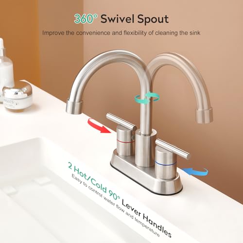 Faustina Brushed Bathroom Faucet, 4 Inch Centerset Faucets for Sink 2 Holes 3 Holes，Two Handles 304 Stainless Steel Bathroom Sink Faucet with Pup up Drain and 2 cUPC Water Supply Lines for RV Vanity - color: Brushed, style: Modern Centerset