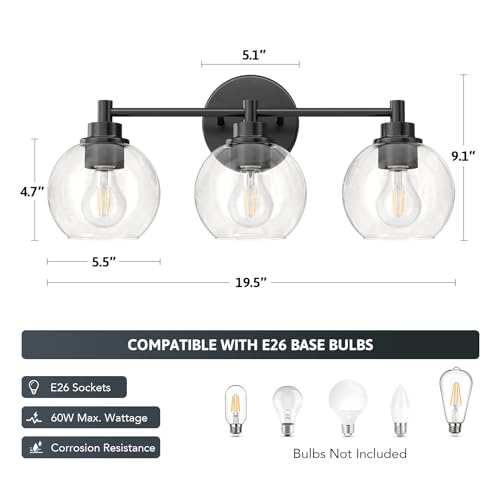 VONLUCE 3 Light Bathroom Vanity Light Fixtures, Black Finish | Globe Glass Shades, E26 Sockets, Easy to install, Vanity Lights for Bedroom Hallway Living Room - color: Black, size: 3-Light