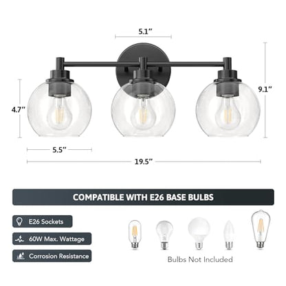 VONLUCE 3 Light Bathroom Vanity Light Fixtures, Black Finish | Globe Glass Shades, E26 Sockets, Easy to install, Vanity Lights for Bedroom Hallway Living Room - color: Black, size: 3-Light