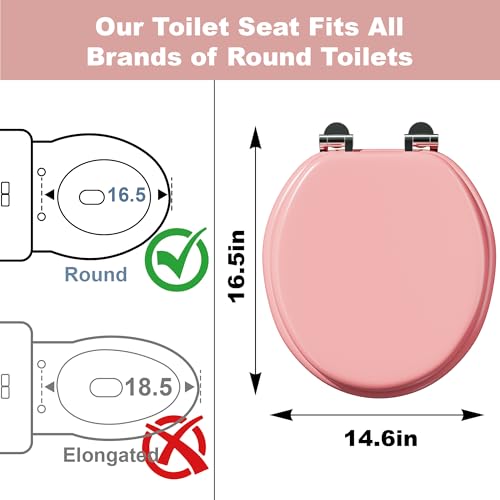 Round Slow Close Wood Toilet Seat, Heavy Duty Pink Toilet Seat with Baked Enamel Finish, Support 400 lbs, Soft Close Toilet Lid with Zinc Alloy Hinges, Grip-Tight Bumpers, Easy Clean & Quick Assembly - color: Pink, size: Round Slow Close