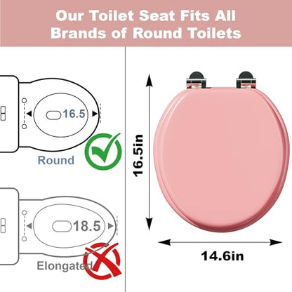 Round Slow Close Wood Toilet Seat, Heavy Duty Pink Toilet Seat with Baked Enamel Finish, Support 400 lbs, Soft Close Toilet Lid with Zinc Alloy Hinges, Grip-Tight Bumpers, Easy Clean & Quick Assembly - color: Pink, size: Round Slow Close