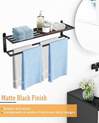 Double Towel Racks for Bathroom, Towel Shelf with Double Towel Bar 32 inch, Towel Rack with Shelf for Bathroom, Stainless Steel Towel Holder Wall Mounted, Towel Storage for Bathroom Lavatory Black - size: 32 Inch