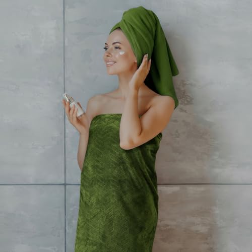 SmoothNovelty Set of 6 Extra Large Bath Towel 40 x 80 Inches Oversized Bath Sheet with 2 Shower Towels 2 Hand Towels 2 Washcloths for Adults Bathroom Spa Gym Quick Dry(Chevron Design,Olive Green) - color: Olive Green