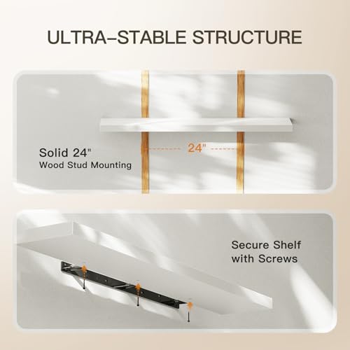 AMADA HOMEFURNISHING Floating Shelves Wall Mounted, 47 x 8 Inch Wall Shelves for Bathroom, Bedroom, Living Room, White Shelves Set of 2 - color: White, size: 47 inches