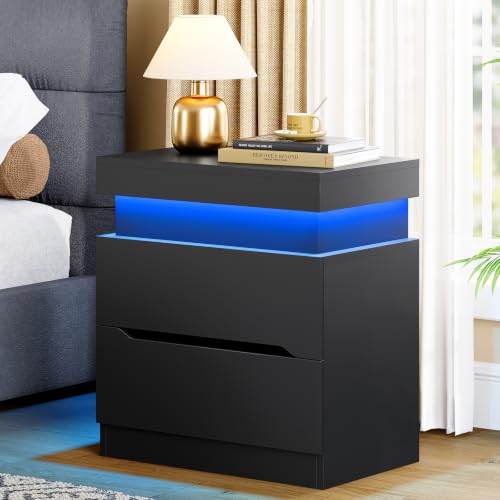 Nightstands Set of 2, Night Stand with 2 Drawers, Nightstand with App-Controlled Adjustable LED Light, Bedside Table with Slidable Hidden Storage Space, Modern Nightstands for Bedroom,Black - color: Unbzx031hd2-zf