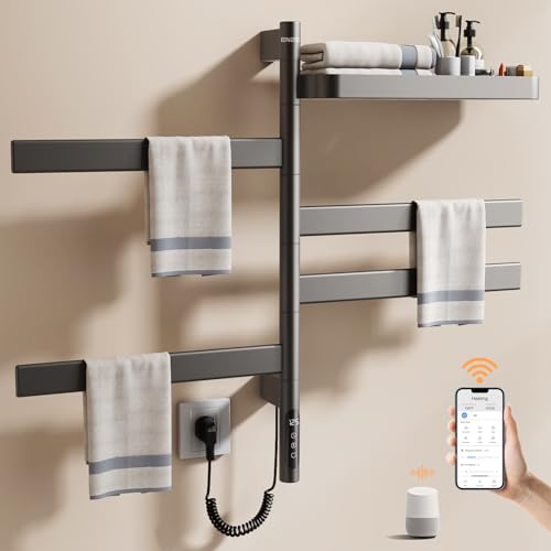 ENZE Smart Rotating Heated Towel Rack, 4-Bar Wall-Mounted, Gray | Electric Towel Warmer with Swivel Shelf, Wi-Fi App Control, 24H Timer, Stainless Steel, IPX5, Hardwired/Plug-in - color: Gray 17.72"x26.77"
