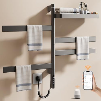 ENZE Smart Rotating Heated Towel Rack, 4-Bar Wall-Mounted, Gray | Electric Towel Warmer with Swivel Shelf, Wi-Fi App Control, 24H Timer, Stainless Steel, IPX5, Hardwired/Plug-in - color: Gray 17.72"x26.77"