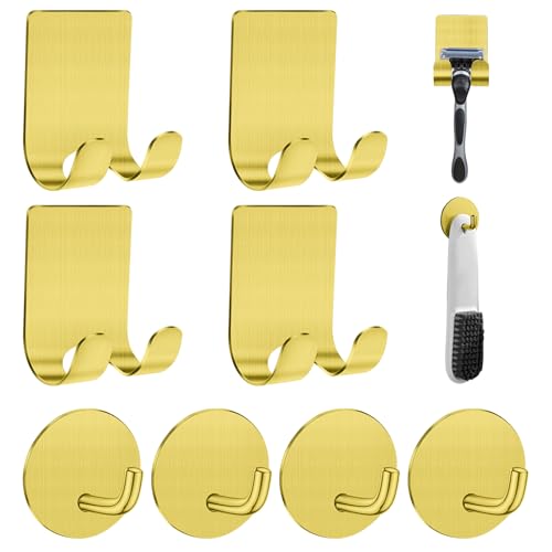 Razor Holder for Shower + Adhesive Wall Hooks, Premium 304 Stainless Steel Shower Razor Holder with Heavy Duty Waterproof Sticky Hooks for Hanging Towels, Coat, hat (4+4 Pack) - Gold - color: Gold--8pcs
