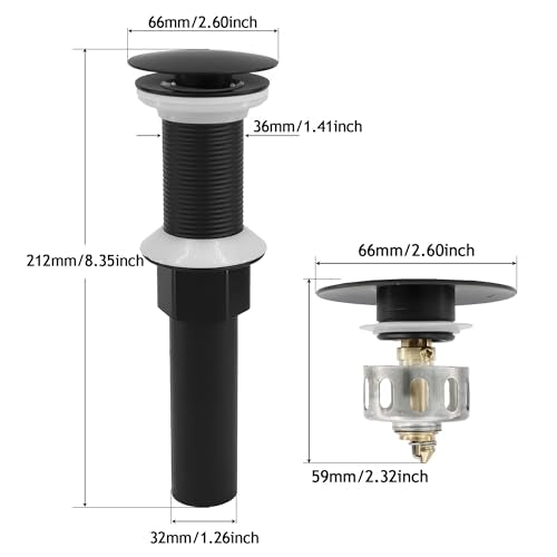 Bathroom Sink Drain,Drain Stopper Bathroom Sink Without Overflow,Pop Up Drain Assembly with Detachable Strainer Basket,Built-in Anti-Clogging, Stainless Steel Nut Mattle Black - color: Matte Black-big Cap, style: Without Overflow