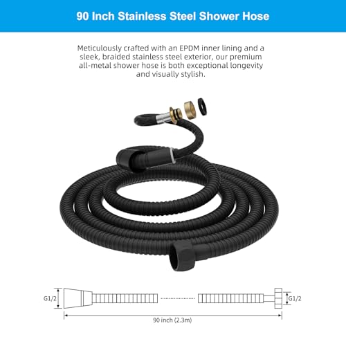 Hibbent All Metal Shower Hose, 90 Inch Stainless Steel Extra Long Shower Hose Replacement, Anti-Twist Flexible Bathroom Handheld Shower Head Hose Extension with Brass Insert & Nut, Matte Black - color: Matte Black, size: 90 Inch