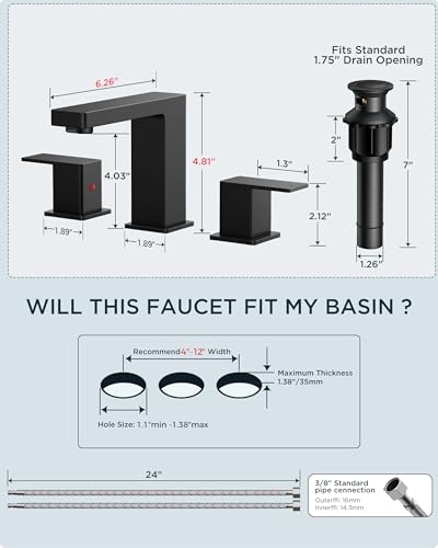 FORIOUS 3 Piece Brushed Nickel and Black Bathroom Sink Faucet 3 Hole,Wide | Square 8 Inch Widespread Faucet for Vanity Sinks, 2 Handle Black and Brushed Nickel Bathroom Faucet with Drain, Supply Lines - color: Black&Stainless Steel, style: Modern
