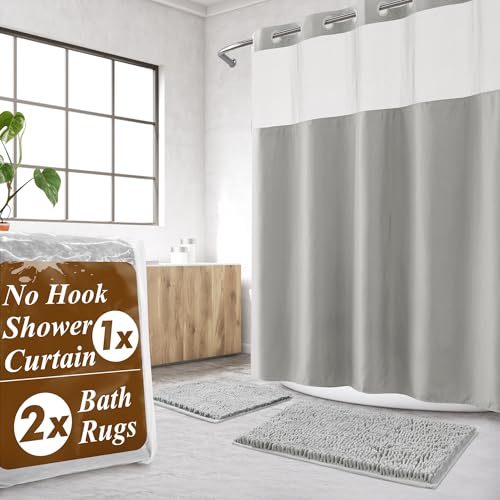 Barossa Design No Hook Shower Curtain Sets with Rugs Light Grey | 3PCS(Curtain with Liner+2 Rugs), Hotel Style Shower Curtain & Snap-in Liner, Non-Slip Bathroom Mat - color: Light Grey