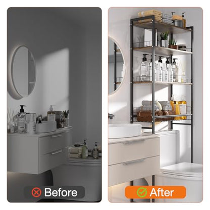 Over The Toilet Storage Rack 4-Tier Freestanding Bathroom Organizer Shelf Over Toilet with Adjustable Shelf & Basket, Space-Saving for Small Spaces, Rustic Brown