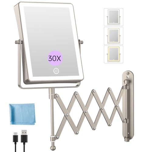 FASCINATE 8.7" 5000mAh Rechargeable Wall Mounted Makeup Mirror (Nickel) | Double Sided Touch Switch 1X 30X Magnifying Bathroom Mirror, 3 Color Lights, Extended Arm 360°Rotation - color: Nickel B
