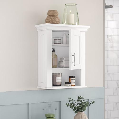 RiverRidge Somerset Single Door Wall Mount Medicine Cabinet, White | Bathroom Wall Storage Cabinet Shelf with Open Display Shelf, Two-Tone Handle and Coved Top Detailing