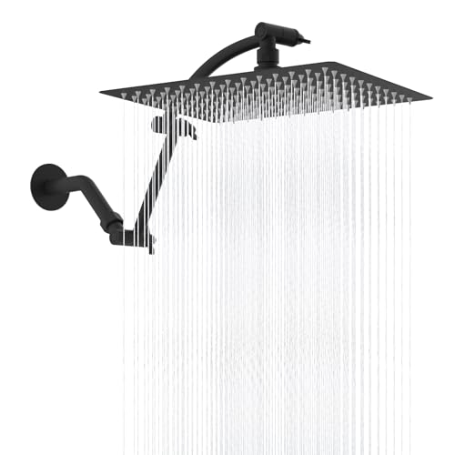 Hibbent All Metal 12'' Rain Shower Head, 16'' Extension Arm, Matte Black | cUPC Certified High Pressure Rainfall Showerhead with Solid Brass Adjustable Shower Head Extension Arm, Fixed Showerheads - color: Matte Black, style: Square 12''
