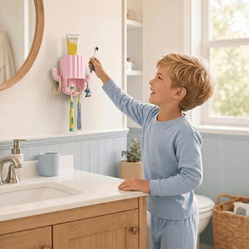 Kids Toothbrush Holder Wall Mount, Cute Cactus (Light Pink) | Bathroom Organizer, PP Cactus Holder, Toothbrush Toothpaste Hair Tie Accessories,Multi-Function Organizer - color: Pink