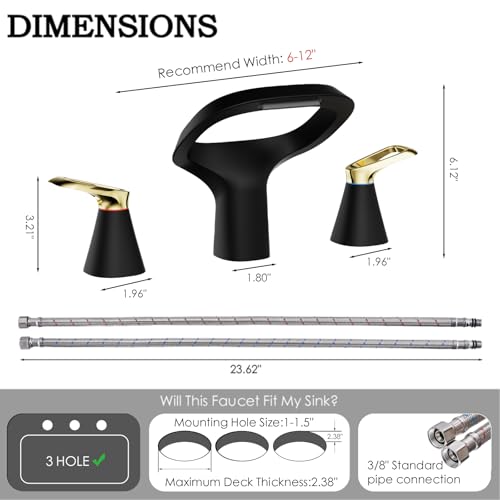 Black Bathroom Faucet 3 Hole, Modern Faucet for Bathroom Sink with Adjustable Spout, Solid Brass 8 Inch Widespread Waterfall Bathroom Faucets with Water Supply Hoses and 2 Gold Handles - color: Black Gold, style: Modern