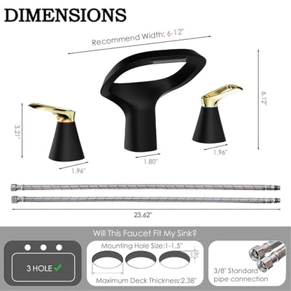 Black Bathroom Faucet 3 Hole, Modern Faucet for Bathroom Sink with Adjustable Spout, Solid Brass 8 Inch Widespread Waterfall Bathroom Faucets with Water Supply Hoses and 2 Gold Handles - color: Black Gold, style: Modern