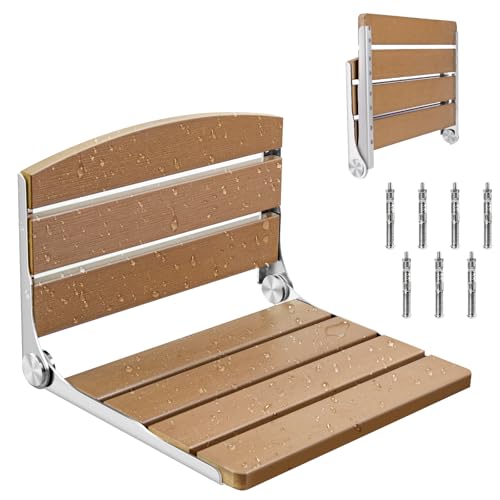 Folding Shower Seat, 16" Foldable Shower Chair Wall Mounted | Shower Seat for Inside Shower, Stainless Steel & Hdps Wood Fold Down Shower Bench for Elderly and Disabled - 400lbs