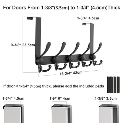 Over Door Hook 2.0 - Upgraded Version - Simple-Assembly, Strong, Heavy-Duty Stainless Steel 5-Tri-Hook Over The Door Hanger Rack, SimpleStrong Series, Black, Pack of 2 - color: Black