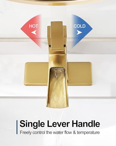 Brass Waterfall Faucet, Brushed Gold Bathroom Faucet, Single Handle for One Hole or 3 Holes 4 Inch with Pop-Up Drain, Pre-Installed Supply Hoses and Deck Plate for Vanity RV Farmhouse Modern - color: Brushed Gold