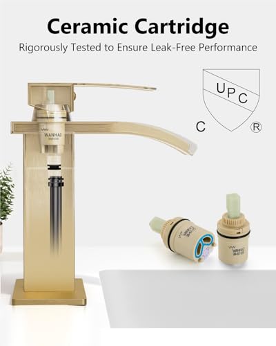 Brushed Gold Waterfall Bathroom Faucet 1-Handle Vanity Faucet | Stainless Steel Modern Bathroom Sink Faucet,Pop-Up Drain, Supply Lines 6-in Deck Plate, 1- or 3-Hole, NSF Certified - color: Light Gold