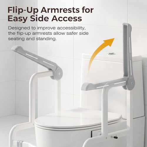 Toilet Safety Rails for Elderly & Disabled with Glow-in-the-Dark Handles, 450 lbs Heavy-Duty Frame, Flip-Up Arms, Dual Lock (Suction & Clamp), Adjustable No-Wobble Support, Grey - color: Gray