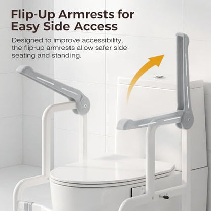Toilet Safety Rails for Elderly & Disabled with Glow-in-the-Dark Handles, 450 lbs Heavy-Duty Frame, Flip-Up Arms, Dual Lock (Suction & Clamp), Adjustable No-Wobble Support, Grey - color: Gray