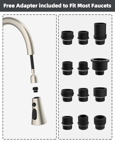 Hibbent 3-Function Pull Down Kitchen Faucet Head Replacement with 12 Adapters, NSF/ANSI/CAN 61 & CUPC Certified Sink Spray Nozzle, Compatible with Moen, Delta, Kohler Faucets, Brushed Nickel - color: Brushed Nickel