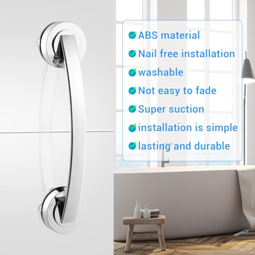 Cabilock Silver Suction Grab Bar for Shower & Bathtub – 12 Inch Chrome Finish Safety Handle, Drill-Free Balance Assist for Seniors, Elderly & Disabled, Portable Bathroom Support Grip