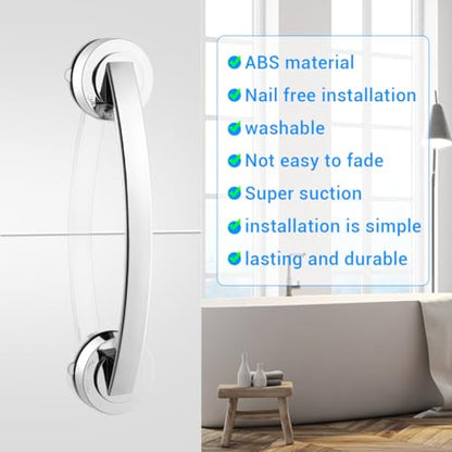 Cabilock Silver Suction Grab Bar for Shower & Bathtub – 12 Inch Chrome Finish Safety Handle, Drill-Free Balance Assist for Seniors, Elderly & Disabled, Portable Bathroom Support Grip