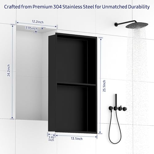NLShan Shower Niche No Tile Needed: Recessed and Stainless Steel Wall Niche with Double Shelves - Easy Installation for Shower Storage