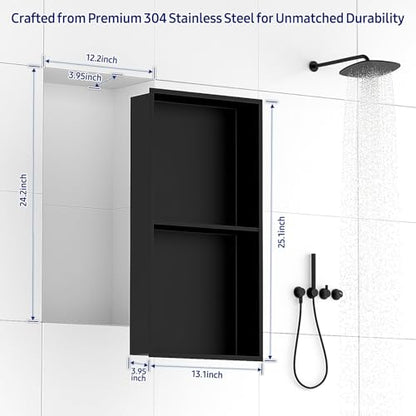 NLShan Shower Niche No Tile Needed: Recessed and Stainless Steel Wall Niche with Double Shelves - Easy Installation for Shower Storage