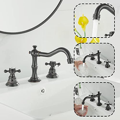 2 Handles 3 Holes Faucet Widespread Bathroom Sink Faucet Oil Rubbed Bronze Basin Tap Mixer Supply Hose Included Matching Pop Up Drain - color: Bronze, style: Ceramic Cover