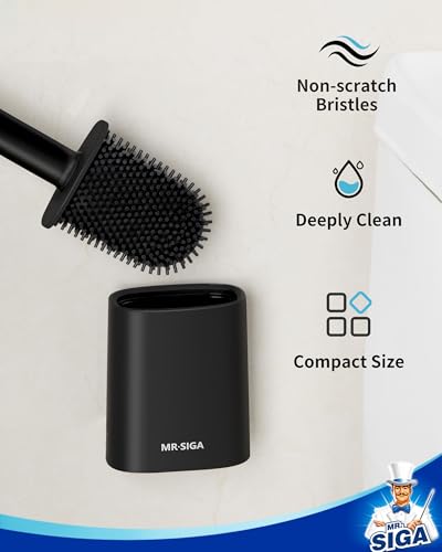 MR.SIGA Toilet Brush and Holder Set, Wall Mounted Toilet Bowl Brush, Black | Space saving design, flexible thermoplastic rubber bristles, easily cleans hard to reach areas, pack of 2 - color: Black