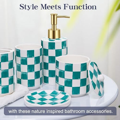 Ceramic Bathroom Soap Dispenser Set, Checkered Bathroom Vanity Set with Lotion Pump, Toothbrush Holder, Soap Dish & Storage Jar, Modern Bathroom Sink Accessories (Green) - style: Green