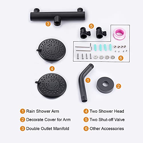 High Pressure Double Shower Head with Shut-Off Valve and Shower Arm Set Solid Brass Casting Dual Outlet Manifold Dual Shower Fixed Head 3 Function Shower Heads Sprayers, Matte Black - color: Matte Black