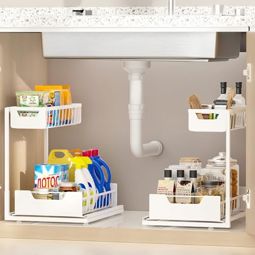 Ceetug Under Kitchen Sink Organizers and Storage, White, 2 Pack | Slide Out Drawer, L-shape, 2 Tier, Cabinet Organizer for Kitchen Bathroom - color: White, size: 2 Pack