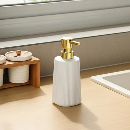 YAUKPH Small Soap Dispenser for Bathroom and Kitchen Matte White and Gold | Modern Farmhouse Striped Style Plastic Hand Soap Dish Soap Dispenser with Pump - color: White and Gold